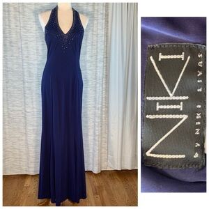 Niki by Niki Livas Navy Blue Beaded Evening Gown.